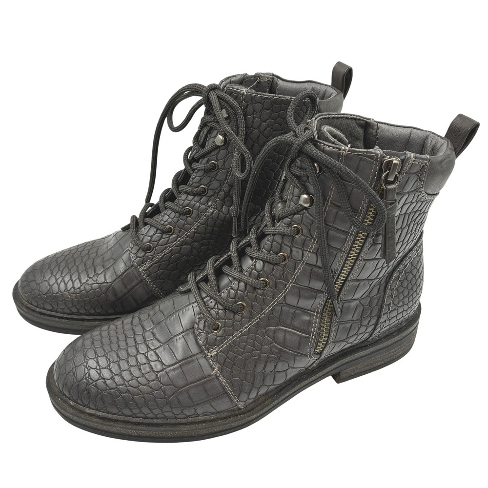 Baretraps Amysue Womens 9M Grey Crocodile Embossed Lace Up Side Zip Combat Boots